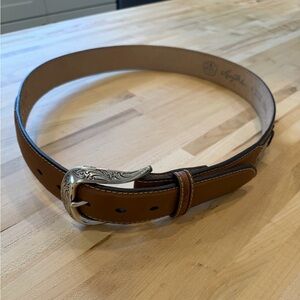 Larry Mahan Tan Leather Belt with Engraved Silver Buckle